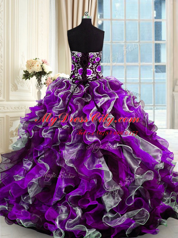 Latest Multi-color Ball Gowns Organza Sweetheart Sleeveless Beading and Appliques Floor Length Lace Up Quinceanera Dress