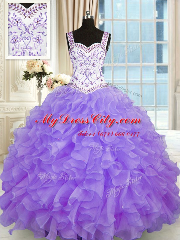 Lavender Lace Up 15 Quinceanera Dress Beading and Appliques and Ruffles Sleeveless Floor Length