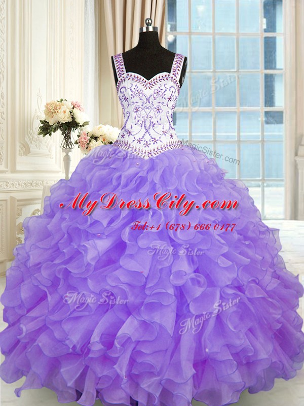 Lavender Lace Up 15 Quinceanera Dress Beading and Appliques and Ruffles Sleeveless Floor Length