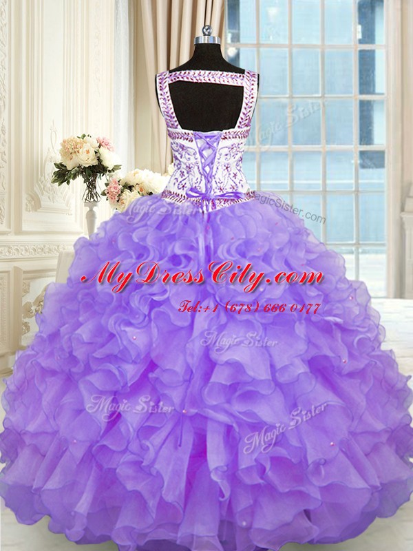 Lavender Lace Up 15 Quinceanera Dress Beading and Appliques and Ruffles Sleeveless Floor Length