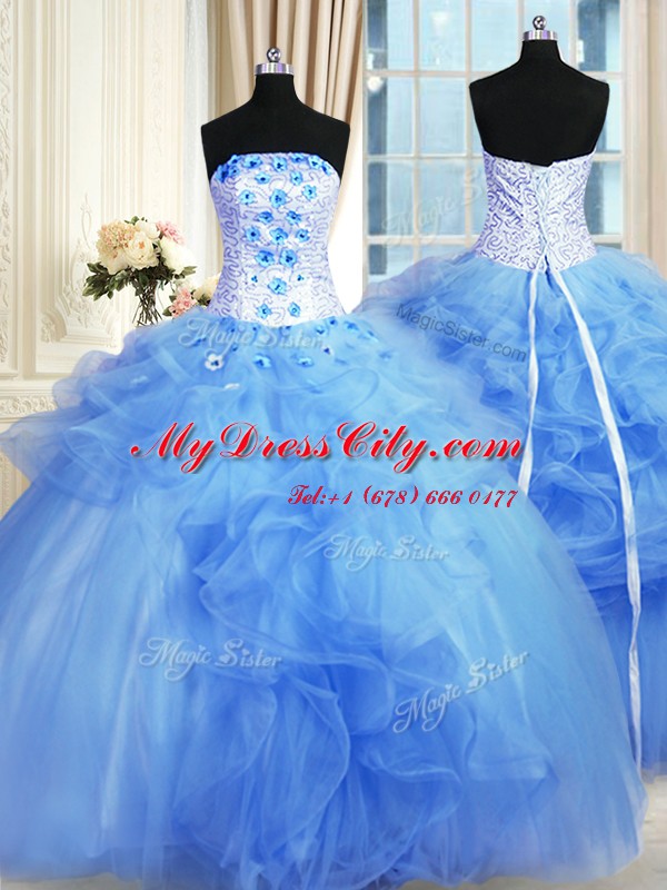 Pick Ups Strapless Sleeveless Lace Up Sweet 16 Quinceanera Dress Blue Tulle