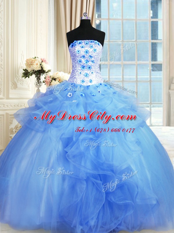 Pick Ups Strapless Sleeveless Lace Up Sweet 16 Quinceanera Dress Blue Tulle