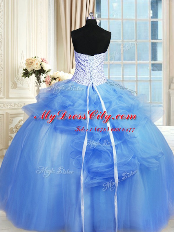 Pick Ups Strapless Sleeveless Lace Up Sweet 16 Quinceanera Dress Blue Tulle