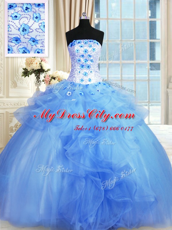 Pick Ups Strapless Sleeveless Lace Up Sweet 16 Quinceanera Dress Blue Tulle