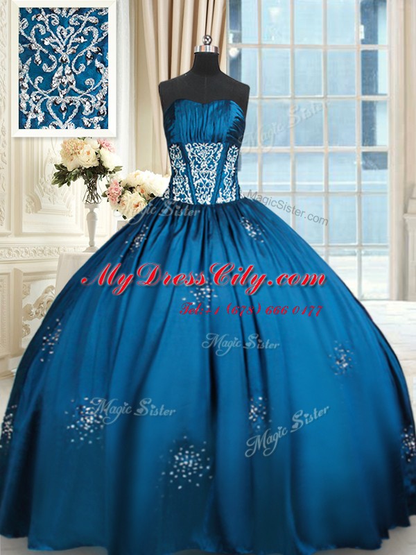 Stylish Blue and Teal Ball Gowns Strapless Sleeveless Taffeta Floor Length Lace Up Beading and Appliques and Ruching Quinceanera Dresses