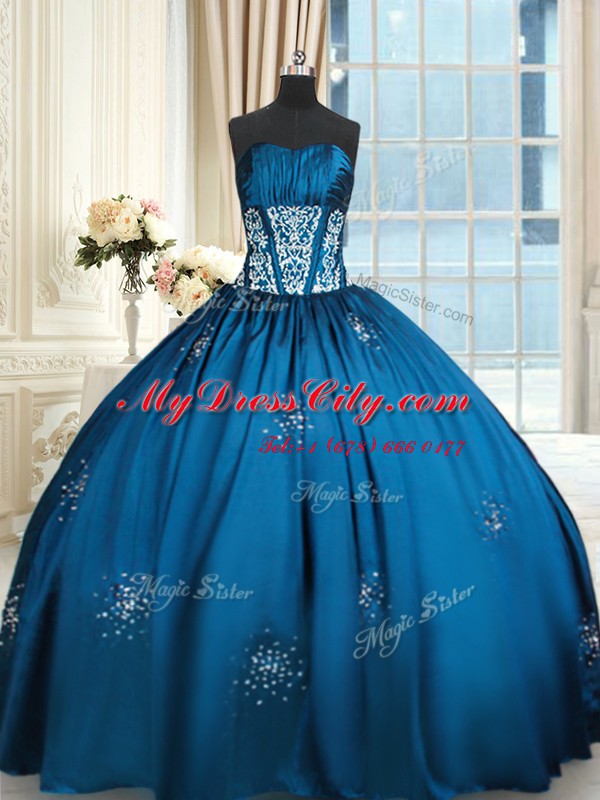 Stylish Blue and Teal Ball Gowns Strapless Sleeveless Taffeta Floor Length Lace Up Beading and Appliques and Ruching Quinceanera Dresses