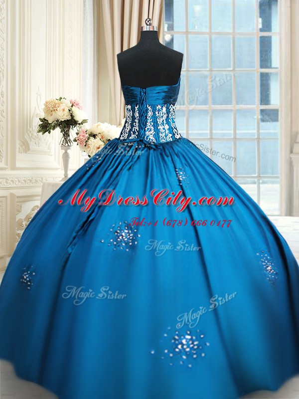 Stylish Blue and Teal Ball Gowns Strapless Sleeveless Taffeta Floor Length Lace Up Beading and Appliques and Ruching Quinceanera Dresses