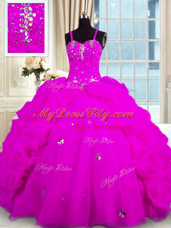 Fuchsia Organza Lace Up Spaghetti Straps Sleeveless Floor Length Quinceanera Dresses Beading and Pick Ups