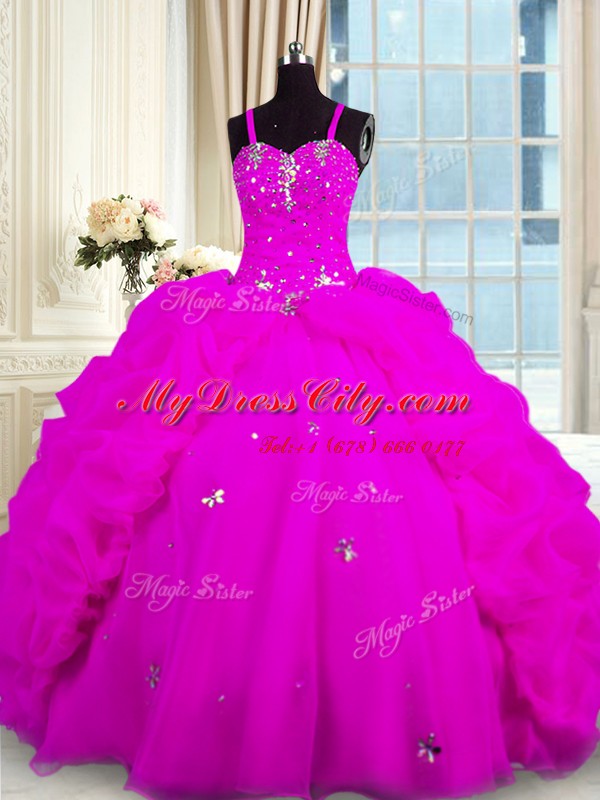 Fuchsia Organza Lace Up Spaghetti Straps Sleeveless Floor Length Quinceanera Dresses Beading and Pick Ups