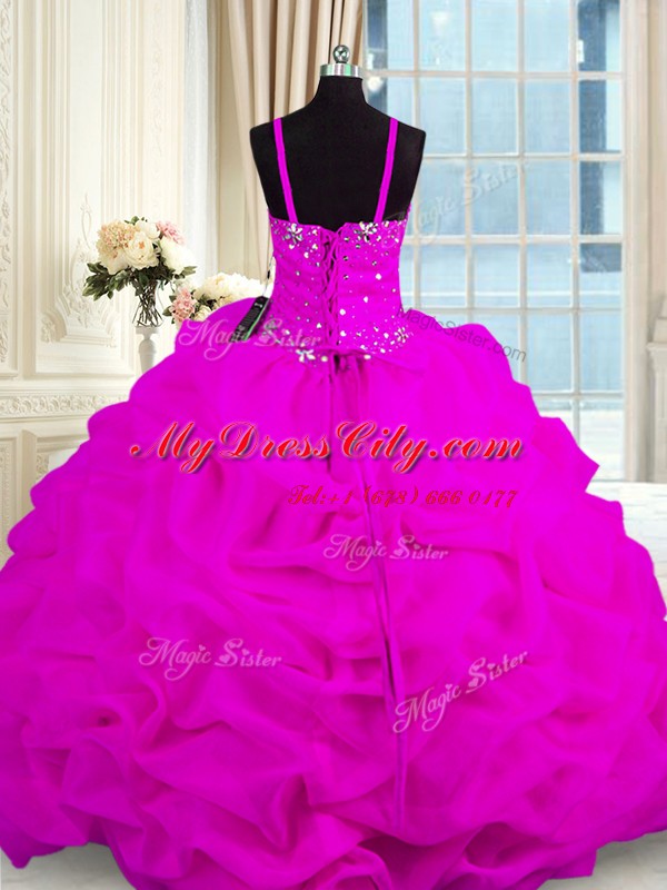 Fuchsia Organza Lace Up Spaghetti Straps Sleeveless Floor Length Quinceanera Dresses Beading and Pick Ups