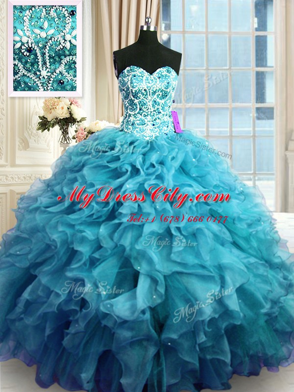 Sleeveless Organza Floor Length Lace Up Quinceanera Dress in Teal with Beading and Ruffles