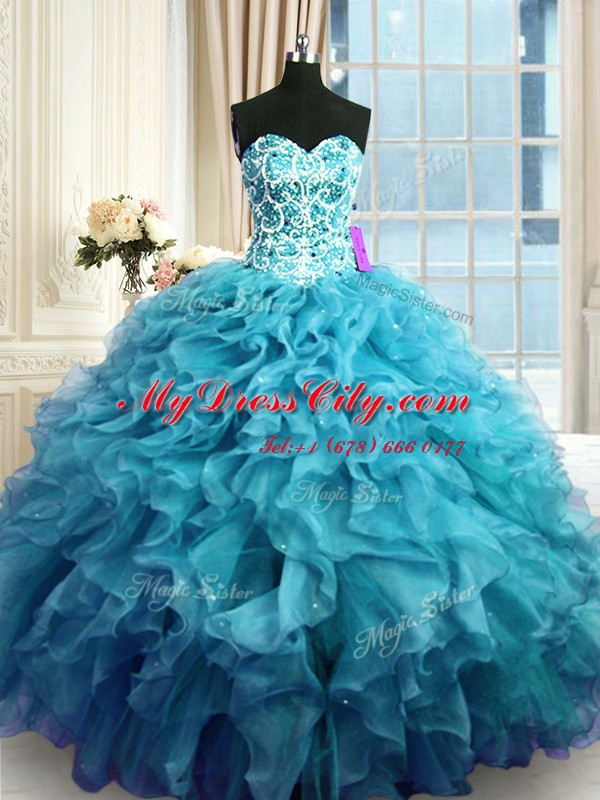 Sleeveless Organza Floor Length Lace Up Quinceanera Dress in Teal with Beading and Ruffles