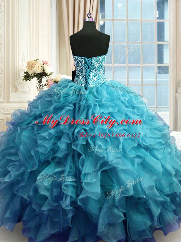 Sleeveless Organza Floor Length Lace Up Quinceanera Dress in Teal with Beading and Ruffles