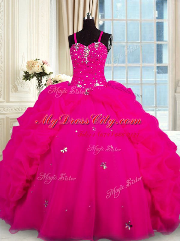 High Quality Organza Spaghetti Straps Sleeveless Brush Train Lace Up Beading Ball Gown Prom Dress in Fuchsia