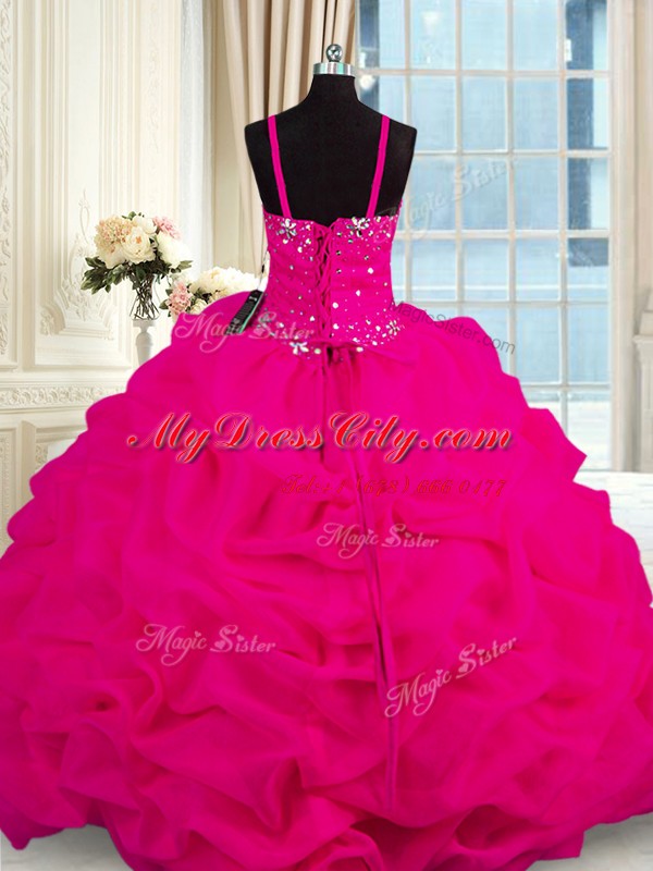 High Quality Organza Spaghetti Straps Sleeveless Brush Train Lace Up Beading Ball Gown Prom Dress in Fuchsia