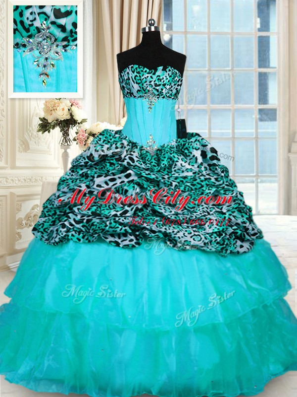 Printed Aqua Blue Lace Up Sweet 16 Dresses Beading and Ruffled Layers Sleeveless Sweep Train