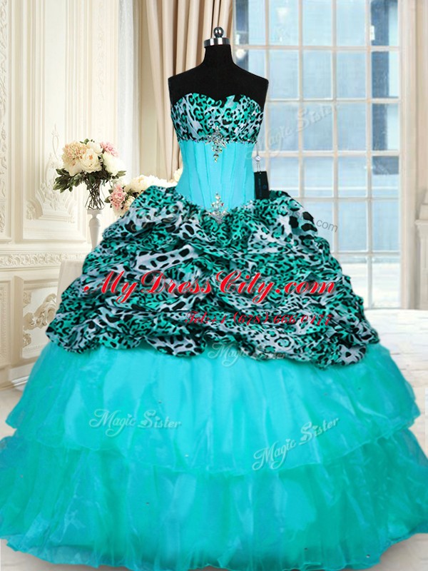 Printed Aqua Blue Lace Up Sweet 16 Dresses Beading and Ruffled Layers Sleeveless Sweep Train