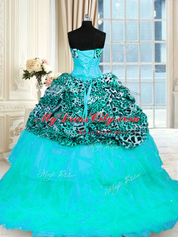 Printed Aqua Blue Lace Up Sweet 16 Dresses Beading and Ruffled Layers Sleeveless Sweep Train