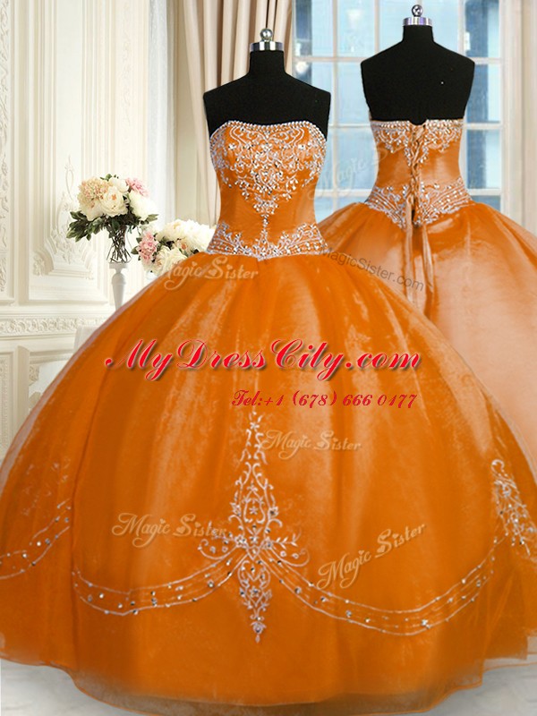 Rust Red Sleeveless Organza Lace Up Quince Ball Gowns for Military Ball and Sweet 16 and Quinceanera