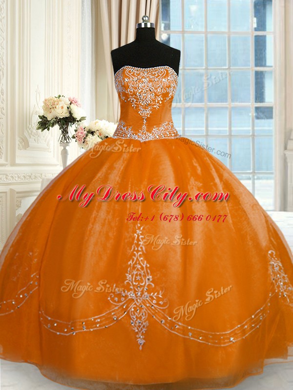 Rust Red Sleeveless Organza Lace Up Quince Ball Gowns for Military Ball and Sweet 16 and Quinceanera