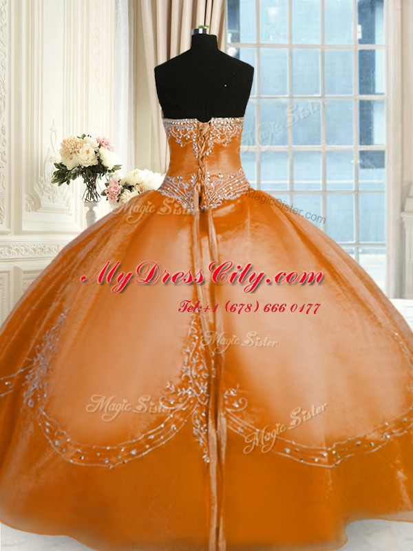 Rust Red Sleeveless Organza Lace Up Quince Ball Gowns for Military Ball and Sweet 16 and Quinceanera