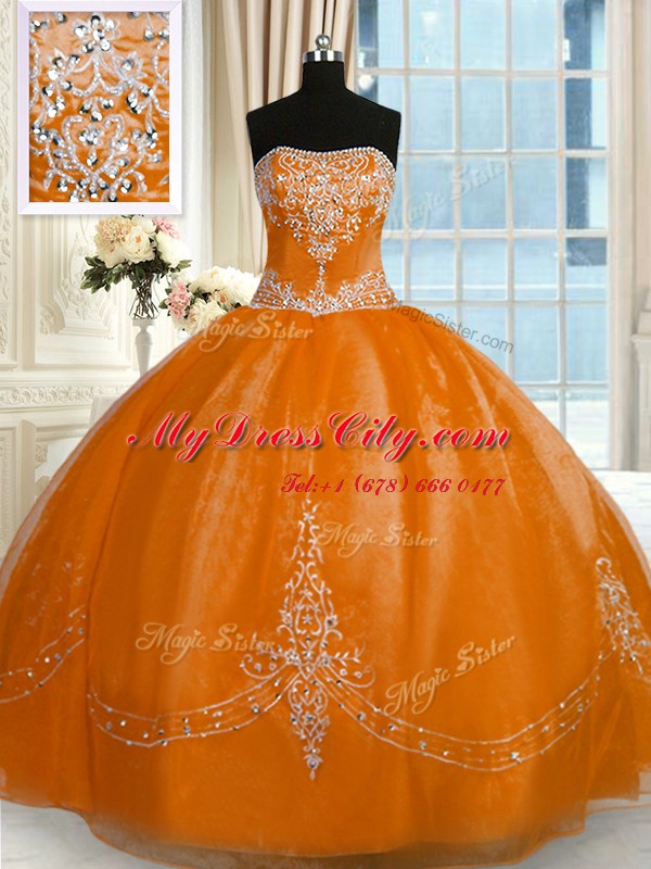 Rust Red Sleeveless Organza Lace Up Quince Ball Gowns for Military Ball and Sweet 16 and Quinceanera