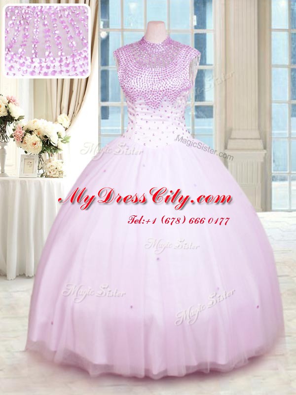 Lilac High-neck Zipper Beading Quinceanera Gown Sleeveless