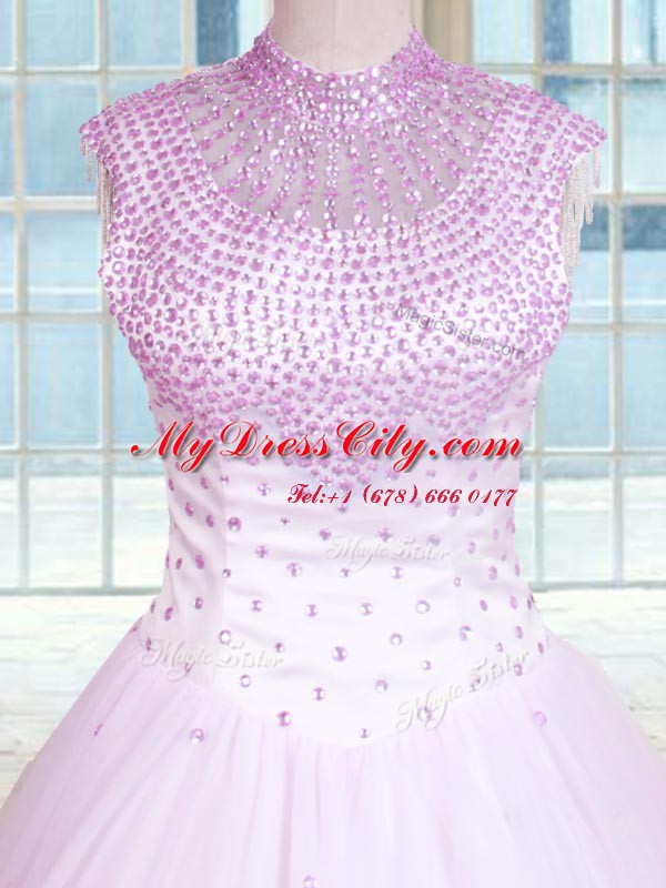 Lilac High-neck Zipper Beading Quinceanera Gown Sleeveless