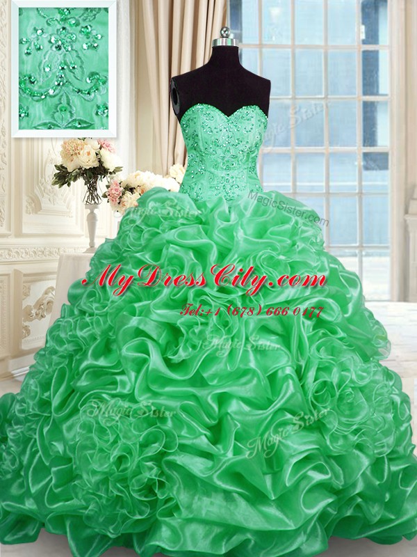 Sleeveless Beading Lace Up Quinceanera Gown with Green Sweep Train