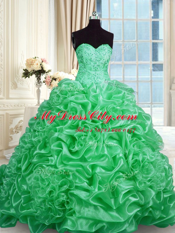 Sleeveless Beading Lace Up Quinceanera Gown with Green Sweep Train