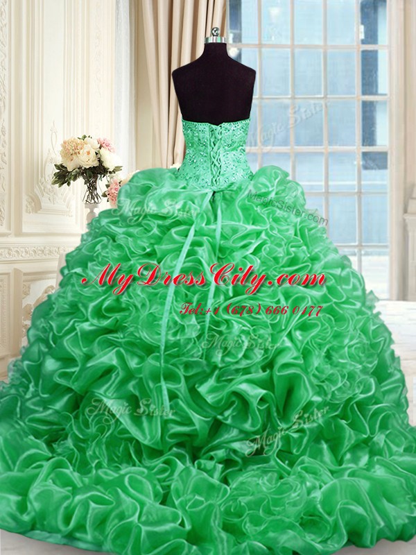 Sleeveless Beading Lace Up Quinceanera Gown with Green Sweep Train