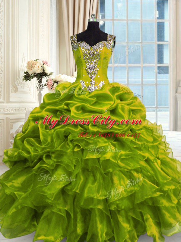 High End Olive Green Straps Lace Up Beading Vestidos de Quinceanera Sleeveless