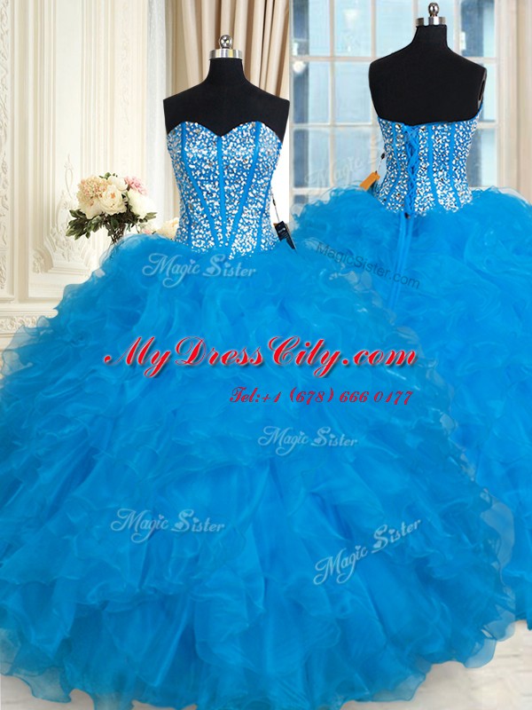 Fitting Sleeveless Floor Length Beading and Ruffles Lace Up Quinceanera Dresses with Baby Blue