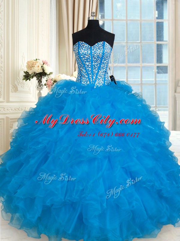 Fitting Sleeveless Floor Length Beading and Ruffles Lace Up Quinceanera Dresses with Baby Blue