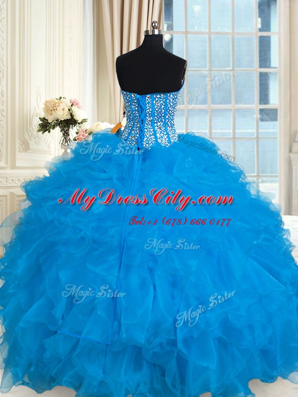 Fitting Sleeveless Floor Length Beading and Ruffles Lace Up Quinceanera Dresses with Baby Blue