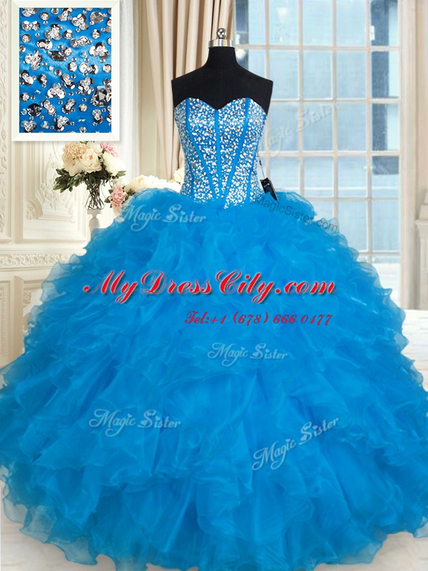 Fitting Sleeveless Floor Length Beading and Ruffles Lace Up Quinceanera Dresses with Baby Blue