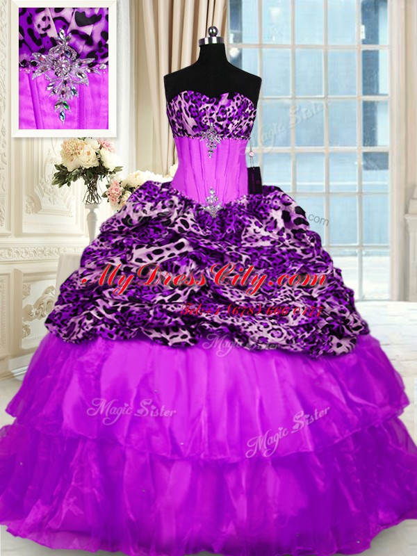 Ruffled Purple Sleeveless Organza and Printed Sweep Train Lace Up 15th Birthday Dress for Military Ball and Sweet 16 and Quinceanera