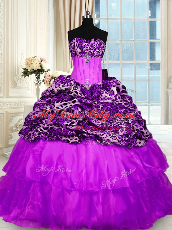 Ruffled Purple Sleeveless Organza and Printed Sweep Train Lace Up 15th Birthday Dress for Military Ball and Sweet 16 and Quinceanera