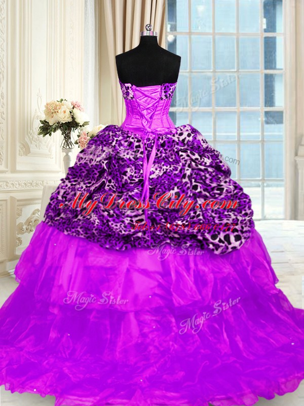 Ruffled Purple Sleeveless Organza and Printed Sweep Train Lace Up 15th Birthday Dress for Military Ball and Sweet 16 and Quinceanera