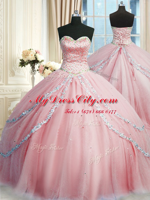 Adorable Sweetheart Sleeveless Tulle Quince Ball Gowns Beading and Appliques Court Train Lace Up