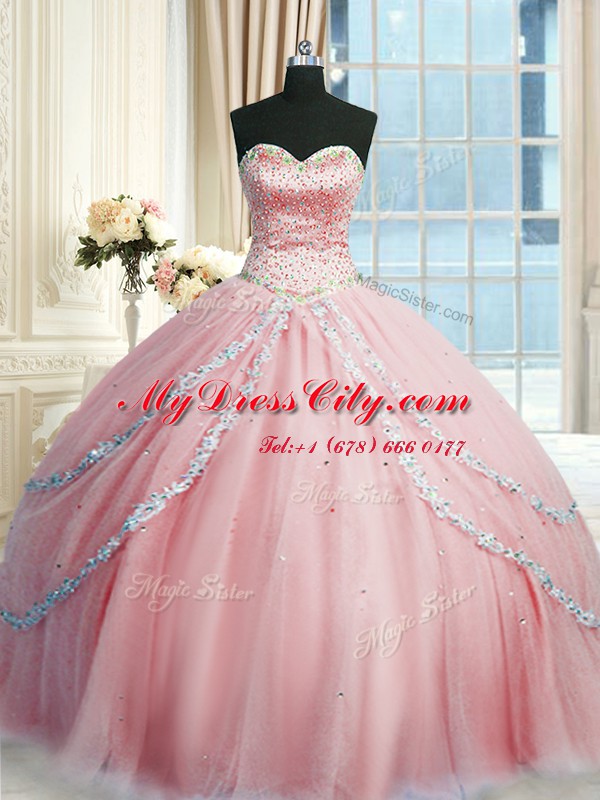 Adorable Sweetheart Sleeveless Tulle Quince Ball Gowns Beading and Appliques Court Train Lace Up