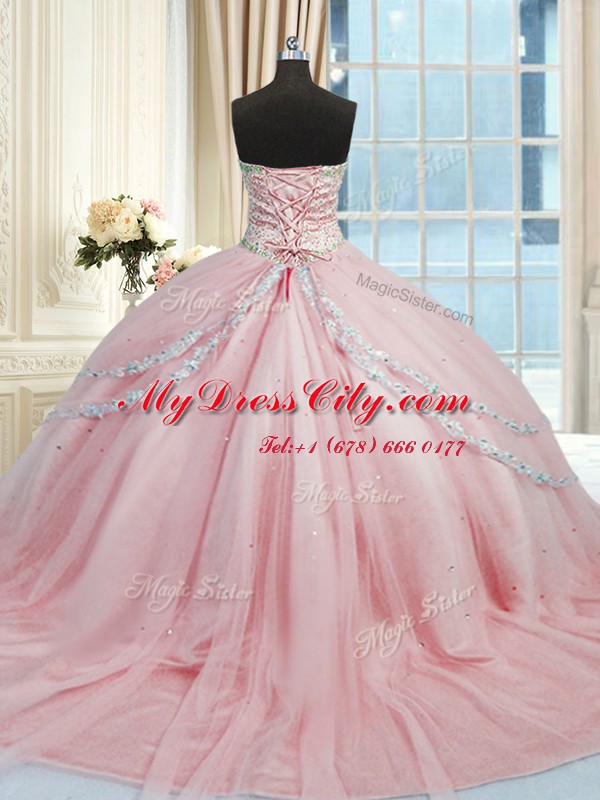 Adorable Sweetheart Sleeveless Tulle Quince Ball Gowns Beading and Appliques Court Train Lace Up