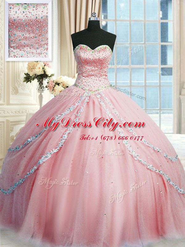 Adorable Sweetheart Sleeveless Tulle Quince Ball Gowns Beading and Appliques Court Train Lace Up