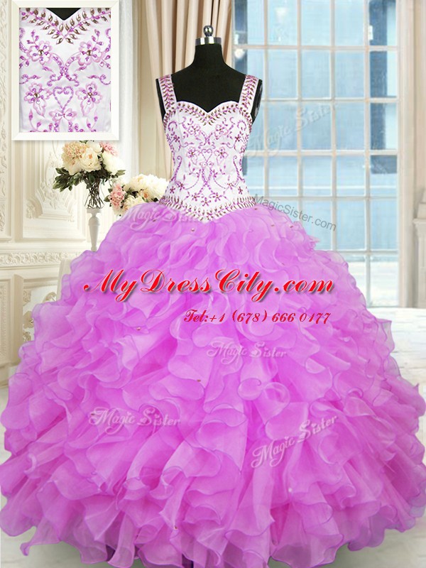 Attractive Lilac Organza Lace Up 15 Quinceanera Dress Sleeveless Floor Length Beading and Ruffles