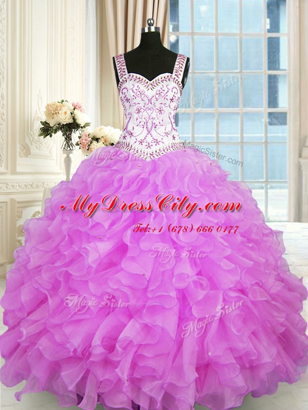 Attractive Lilac Organza Lace Up 15 Quinceanera Dress Sleeveless Floor Length Beading and Ruffles