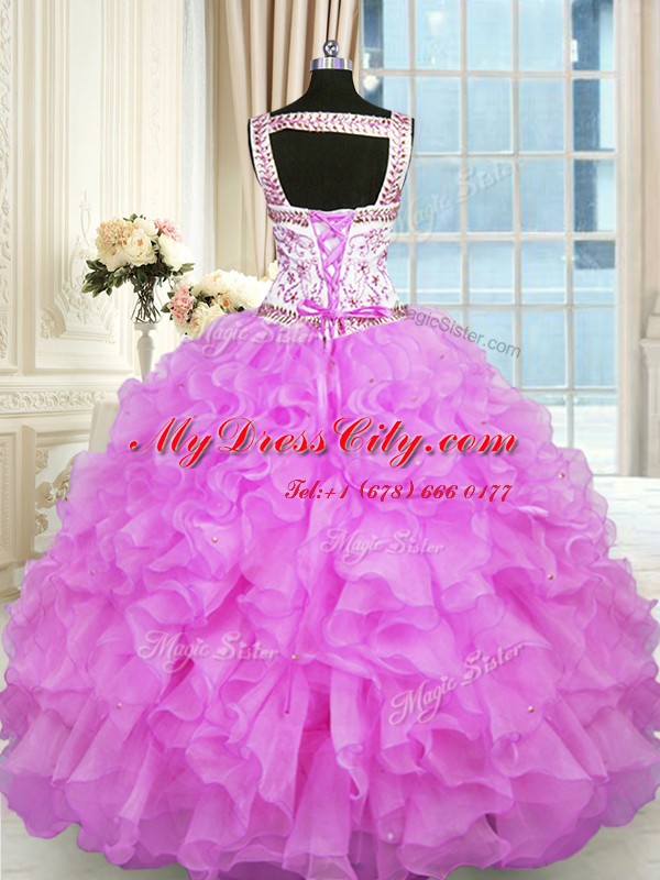 Attractive Lilac Organza Lace Up 15 Quinceanera Dress Sleeveless Floor Length Beading and Ruffles