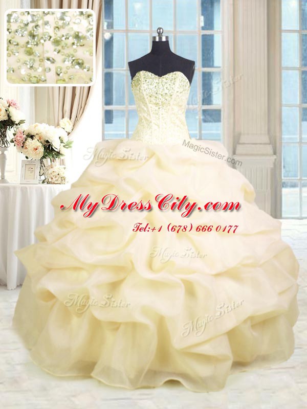 Cute Champagne Lace Up Sweetheart Beading and Ruffles Ball Gown Prom Dress Organza Sleeveless