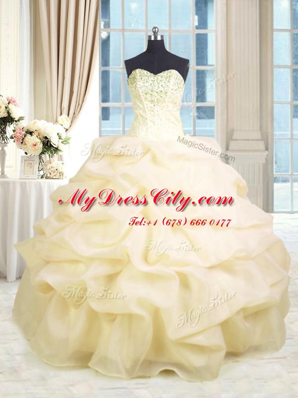 Cute Champagne Lace Up Sweetheart Beading and Ruffles Ball Gown Prom Dress Organza Sleeveless