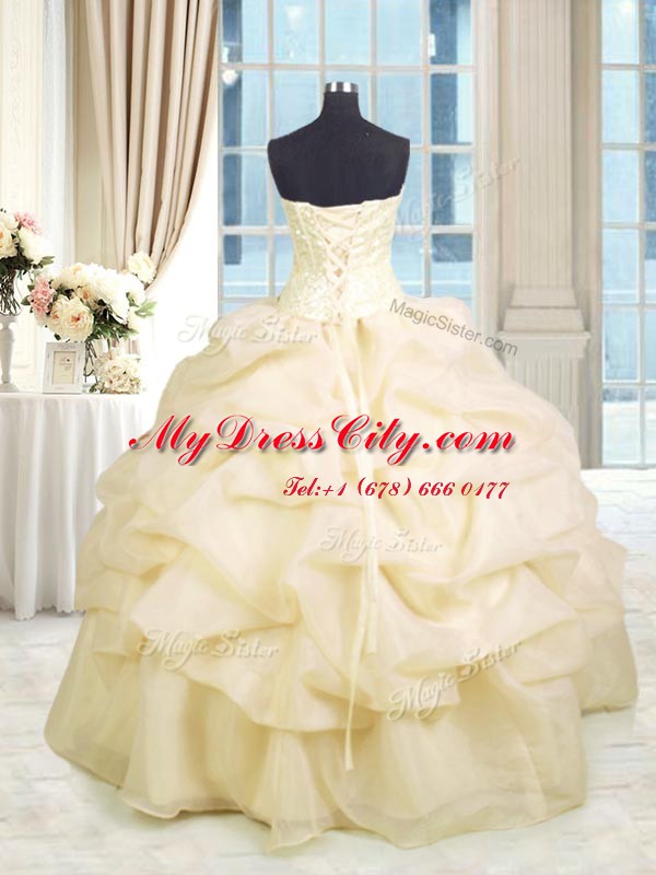 Cute Champagne Lace Up Sweetheart Beading and Ruffles Ball Gown Prom Dress Organza Sleeveless