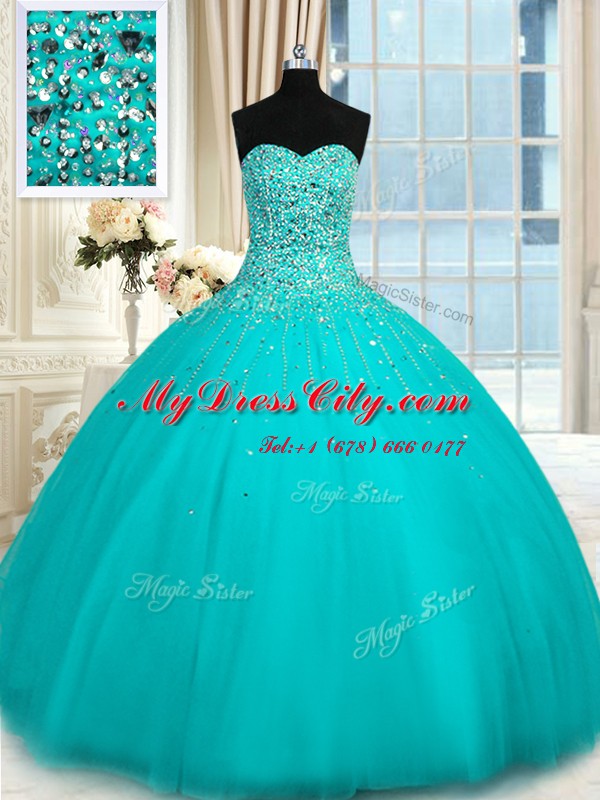 Stunning Sweetheart Sleeveless Lace Up Sweet 16 Quinceanera Dress Turquoise Tulle